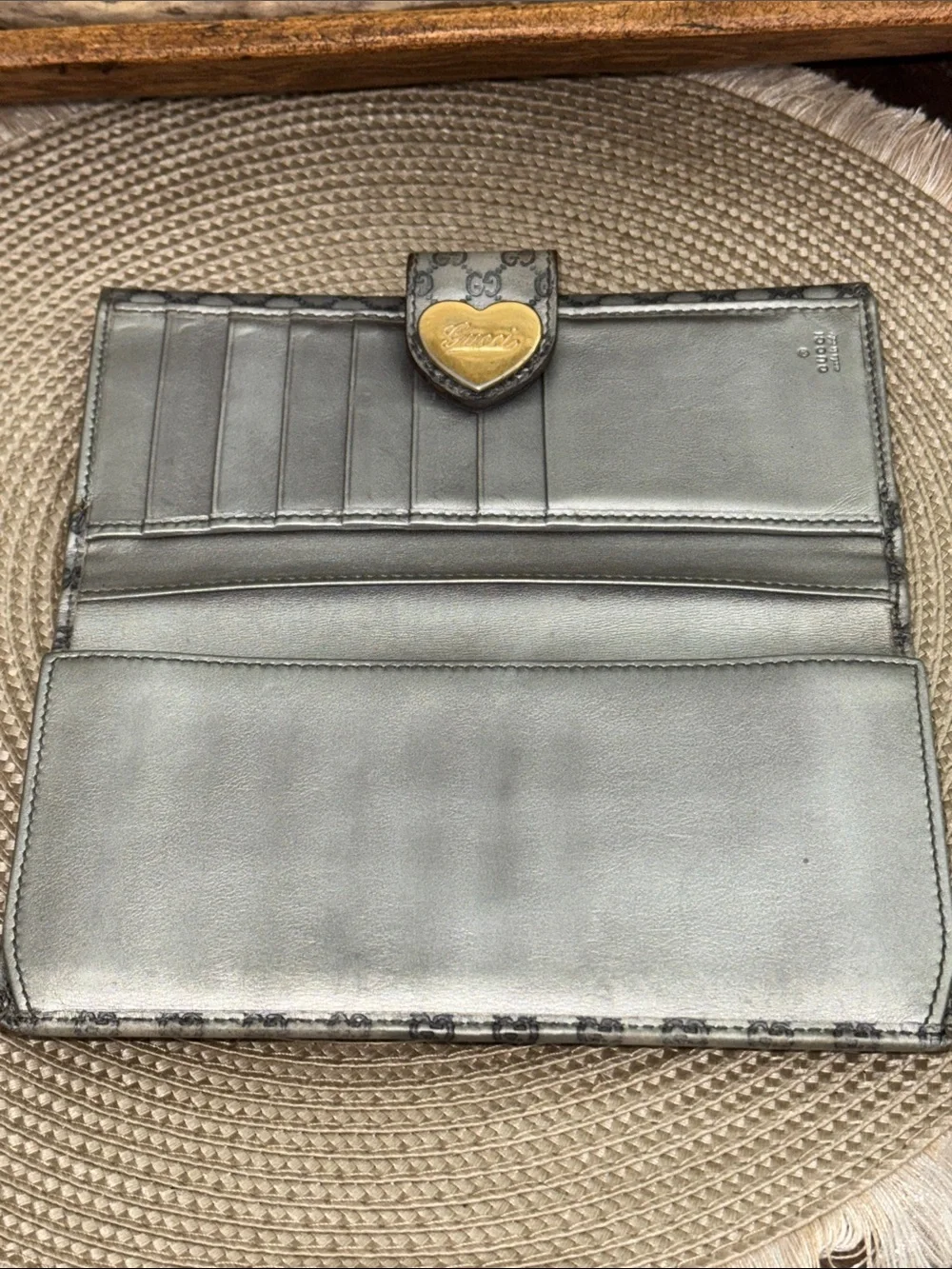 Gucci Gray GG Monogram Wallet with Gold Heart Tab